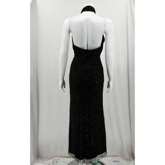 Adrianna Papell Dress Womens 6 Petite Black Sequin Halter Gown Evening Beaded - Picture 7 of 15